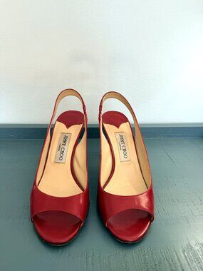 Jimmy Choo Red Patent Leather Peep Toe Slingback